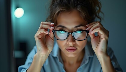 Fototapeta premium A woman holding her head in pain, removing her glasses with a look of discomfort. The expression on her face conveys distress, emphasizing the struggle with her headache or discomfort