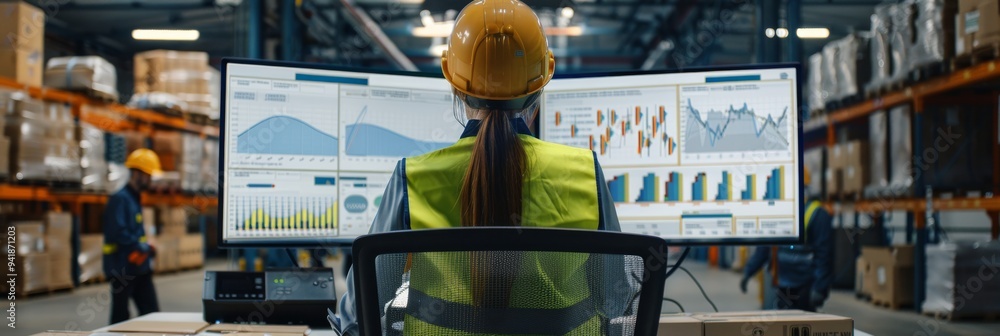Poster in a warehouse, a manager wearing a bright yellow hard hat and reflective vest is focused on analyzi