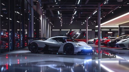Fototapeta premium A modern car showroom featuring luxurious sports cars under dramatic lights, showcasing reflections on a glossy floor.