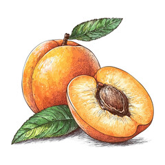 Classic fruit illustration of an apricot. Hand-drawn with black ink and enhanced with watercolor, isolated on a transparent background