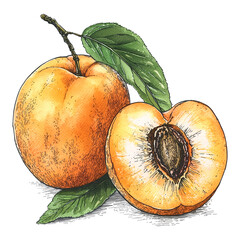 Ink and watercolor apricot artwork. Detailed vintage drawing of whole and half apricots with leaves on a transparent background