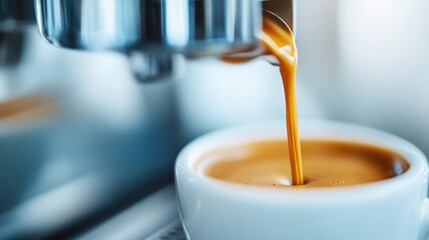 Close-up shot of an espresso machine pouring rich and creamy coffee into a white cup. The coffee stream is captured mid-flow, emphasizing the brewing process.