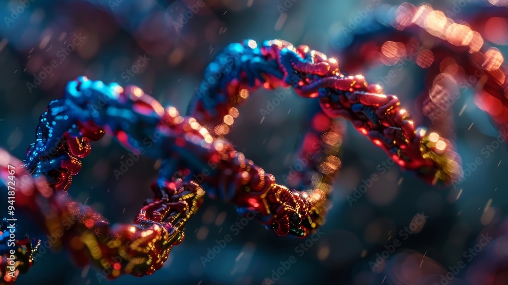Poster close-up view of intricately intertwined and colorful dna strands, representing genetic science and 