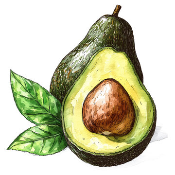 watercolor avocado fruit with leaves clip art preview