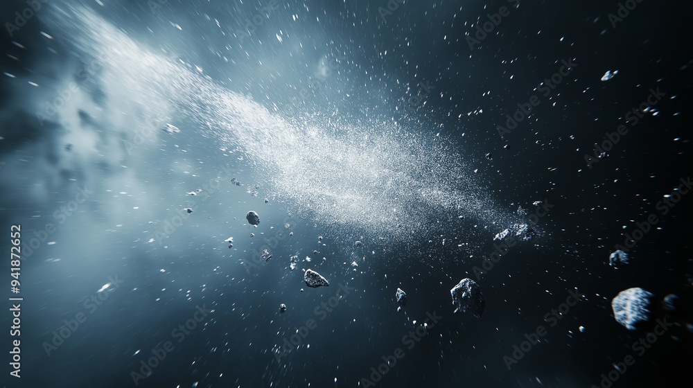 Poster a space filled with many small rocks and a large white cloud. scene is one of chaos and destruction