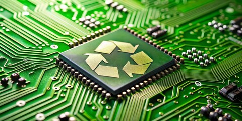 Obraz premium Recycling the Future A Macro Perspective of a Circuit Board with a Golden Recycle Symbol, circuit board, electronic waste, recycling, sustainability