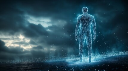 A man stands in a field of glowing particles. The sky is dark and cloudy, and the man is surrounded by a sense of mystery and wonder