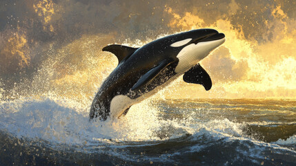 Fototapeta premium Orca Leaping Out of the Water at Sunset