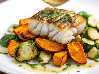 Pan-seared cod with roasted sweet potatoes, brussels sprouts, zucchini, and a lemon garlic sauce. A wholesome fish meal accompanied by seasonal vegetables