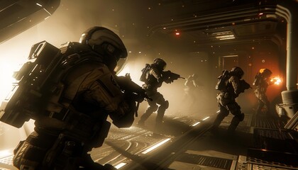 A haunting scene features a group of astronauts in their gear ready as they face an unknown adversary on a spaceship, illustrated in gritty lighting effects echoing tension.