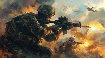 A soldier takes aim with his rifle in an intense war zone scene filled with explosions and fire. Helicopters fly in the background.