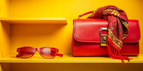 Red Handbag with Sunglasses and Scarf on Yellow Shelf, yellow , shelf , accessories , fashion