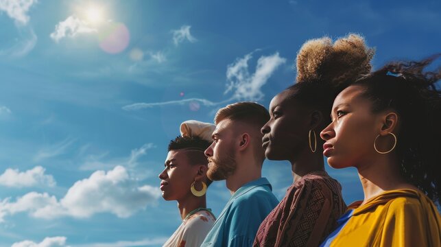 A strong image of diverse individuals gazing upwards under a vibrant blue sky, symbolizing unity, diversity, optimism, and collective hope for the future in a bright setting.
