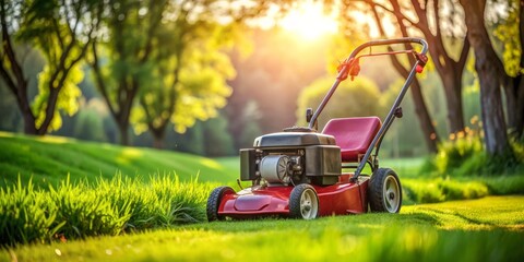 Red Lawn Mower in Green Grass with Sunlight, lawnmower, gardening, green, summer