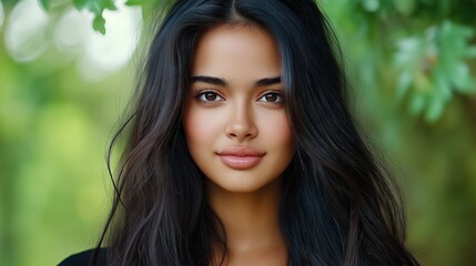 Fototapeta premium A woman with long black hair and a dark complexion. She is smiling and looking at the camera