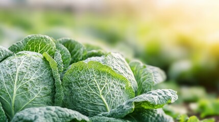 Lush green cabbage heads bask in sunlight within a garden, representing the peak of growth and health, associated with organic farming and natural environmental harmony.