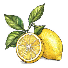 Classic fruit illustration of lemons, including a whole lemon, a halved lemon, and decorative leaves. Hand-drawn with ink and watercolor, transparent background