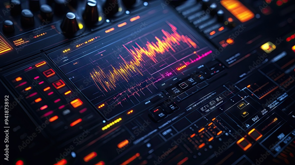 Poster detailed view of a digital signal generator screen with dynamic electrical wave patterns and adjustm