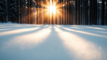 A breathtaking scene of sunlight breaking through a dense forest of tall trees on a snowy morning, casting long shadows that stretch across the pristine snow-covered ground.