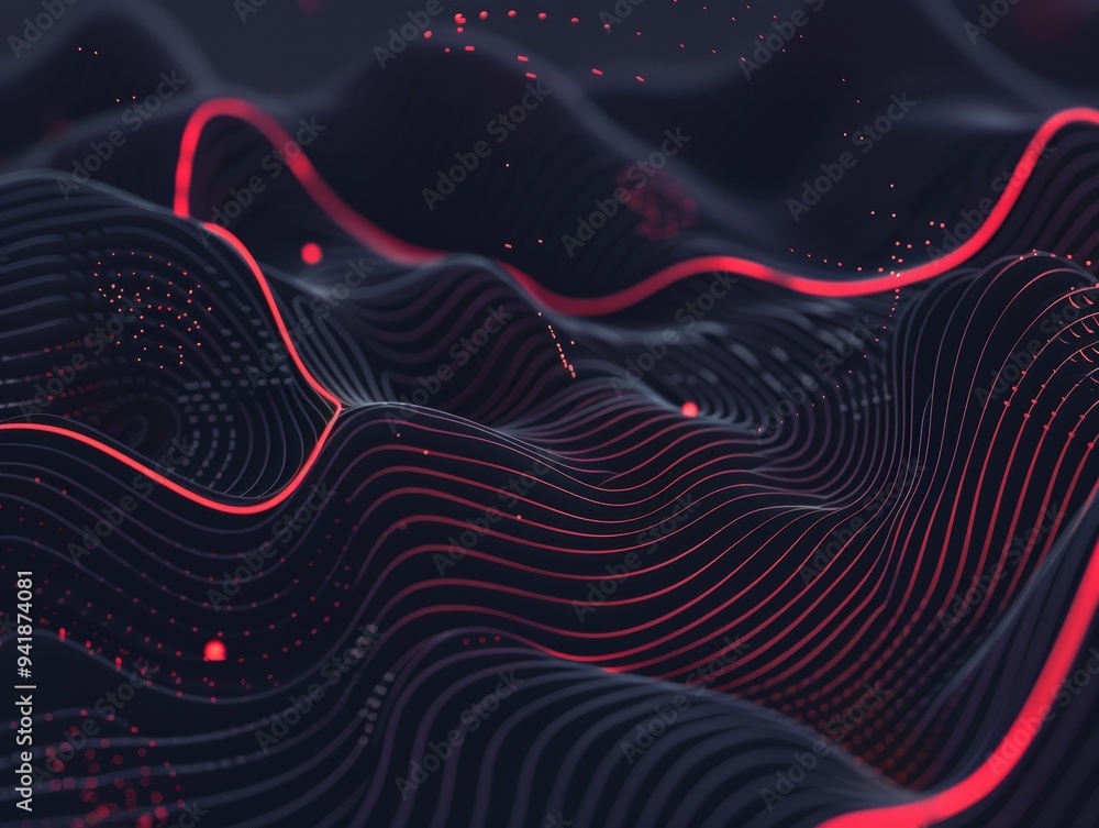 Poster this image shows an abstract artistic depiction of waves with bright red lines and floating particle