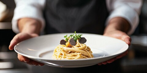 Chef holding plate of Italian pasta with truffle mushrooms, close-up, dark background of luxury restaurant and copy space
