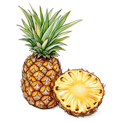 Vintage-style illustration of a whole pineapple and halved pineapple. Hand-drawn pineapple artwork using ink and watercolor, isolated on transparent background