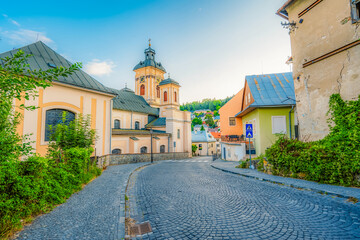 Romantic  scenery of main square in Banska Stiavnica, UNESCO, Slovakia. Old Slovakia mining town with castle in Banska Stiavnica.
