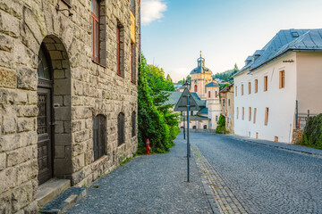 Romantic  scenery of main square in Banska Stiavnica, UNESCO, Slovakia. Old Slovakia mining town with castle in Banska Stiavnica.