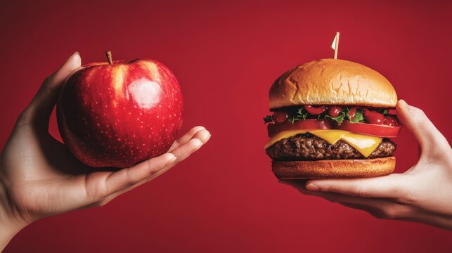 A burger and an apple, representing a less healthy and a healthier food choice.