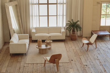 Living room with modern furniture in earth tones