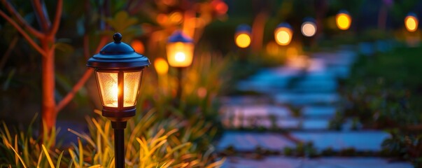 Solar-powered outdoor lights in a garden, renewable energy, sustainable decor