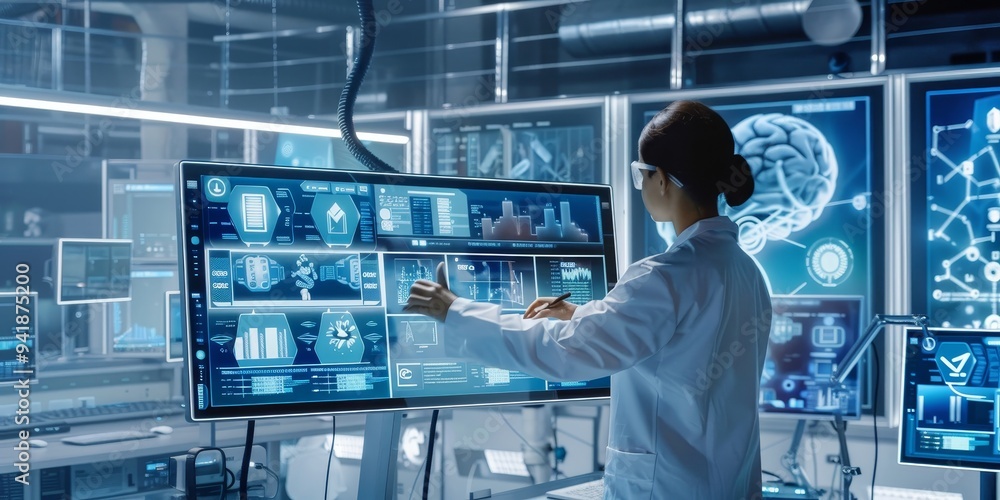 Poster a female scientist interacts with advanced touch screen displays, analyzing complex data in a futuri