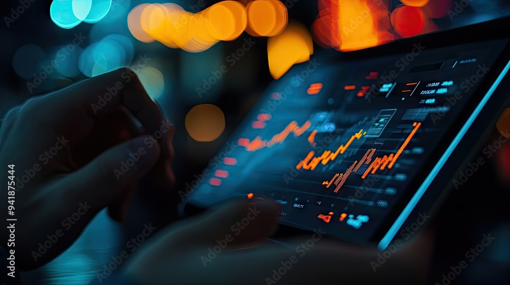 Poster detailed view of a financial graph showing market volatility, with a person reviewing data on a digi