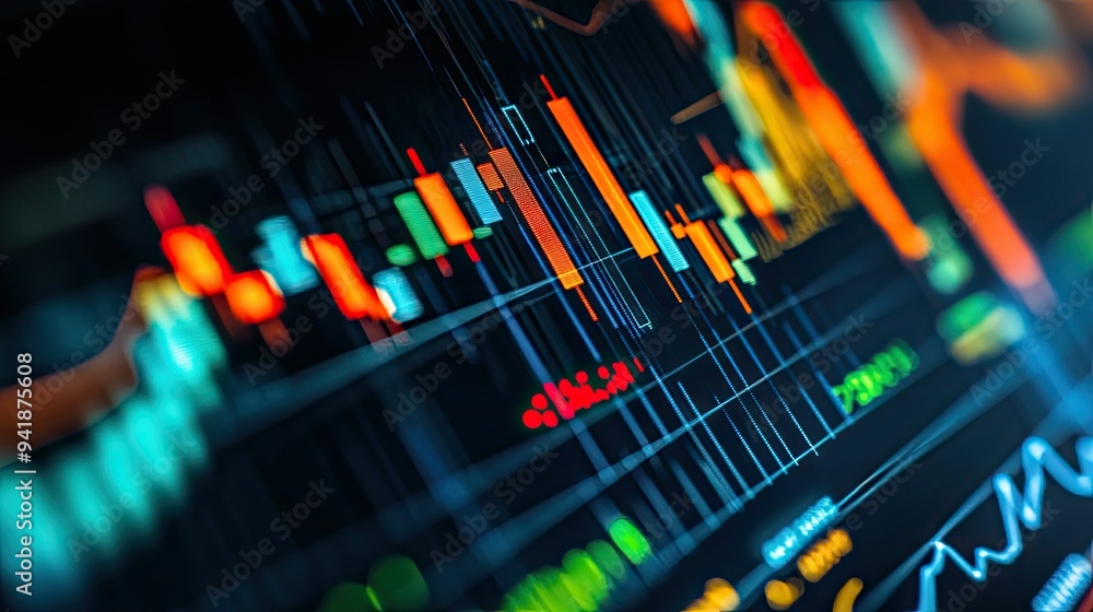 Poster detailed view of a financial graph showing stock price trends with colorful indicators and data poin
