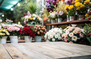 Wooden table top template on blured flowers store. Shop counter background for product display montage.  Copy space 