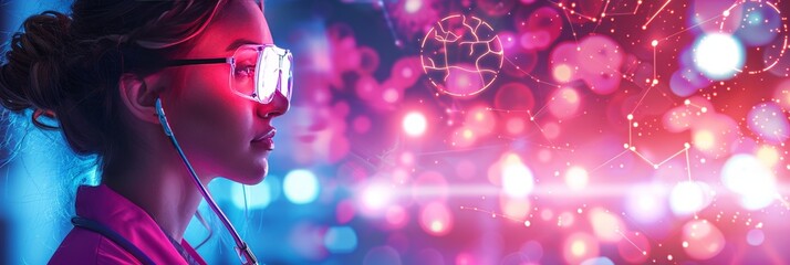 A medical professional wearing a stethoscope is surrounded by a colorful and futuristic digital health tech background.