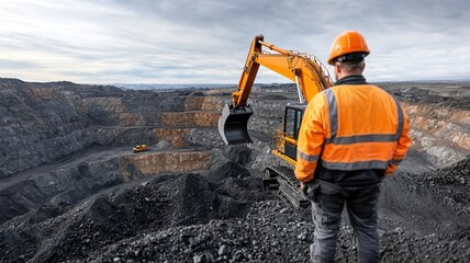 A giant excavator digging into a vast open-pit mine, layers of earth and rock exposed, photorealistic, hyper-resolution, large-scale mining operation