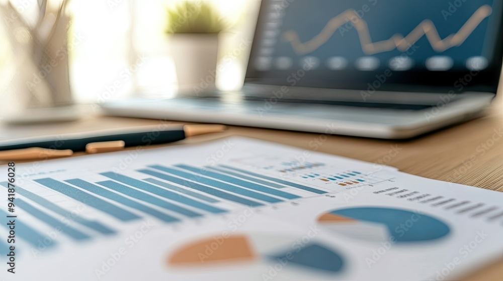 Aufkleber detailed view of a financial report with bar graphs and pie charts on a desk with a laptop and pen