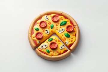 3D Cartoon Style Pizza with Pepperoni, Mushrooms, and Basil