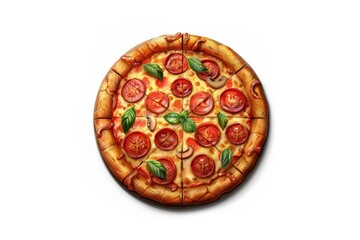 3D Realistic Pizza with Pepperoni, Tomatoes, and Basil