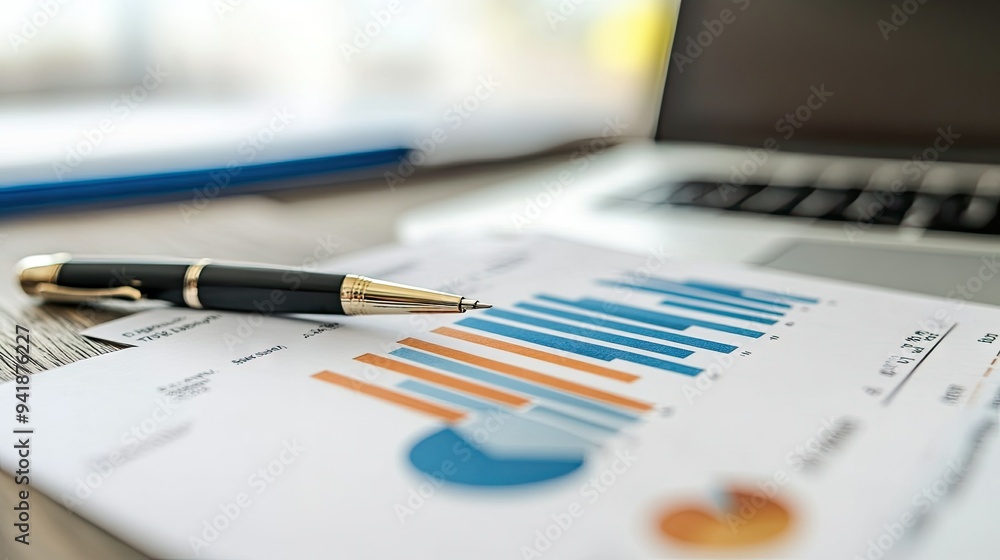 Poster detailed view of a financial report with bar graphs and pie charts on a desk with a laptop and pen