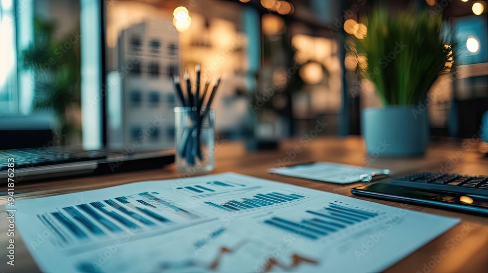 Poster detailed view of a financial report with complex graphs, charts, and numbers on a modern office desk