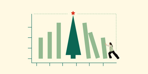Poster. Contemporary art collage. Woman adjusts falling bar graphs to form Christmas tree, cleverly balancing work tasks with reminder that holiday spirit taking shape. Concept of business, party. Ad