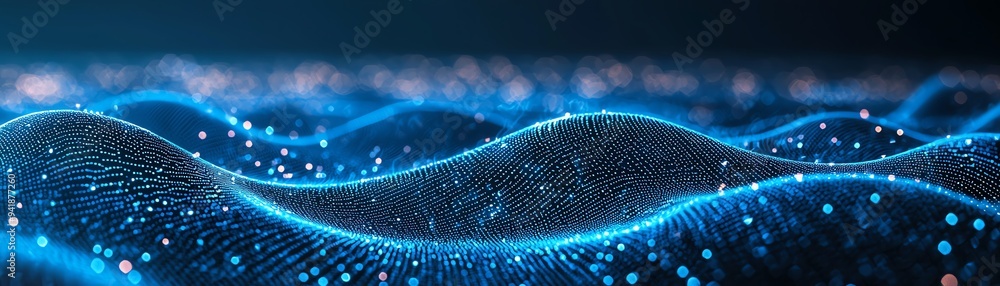 Poster a mesmerizing abstract depiction of flowing waves illuminated by blue light, creating a serene and t
