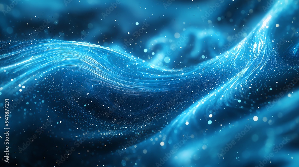 Poster a mesmerizing blue wave of cosmic energy, sparkling with luminous particles, creating an ethereal an