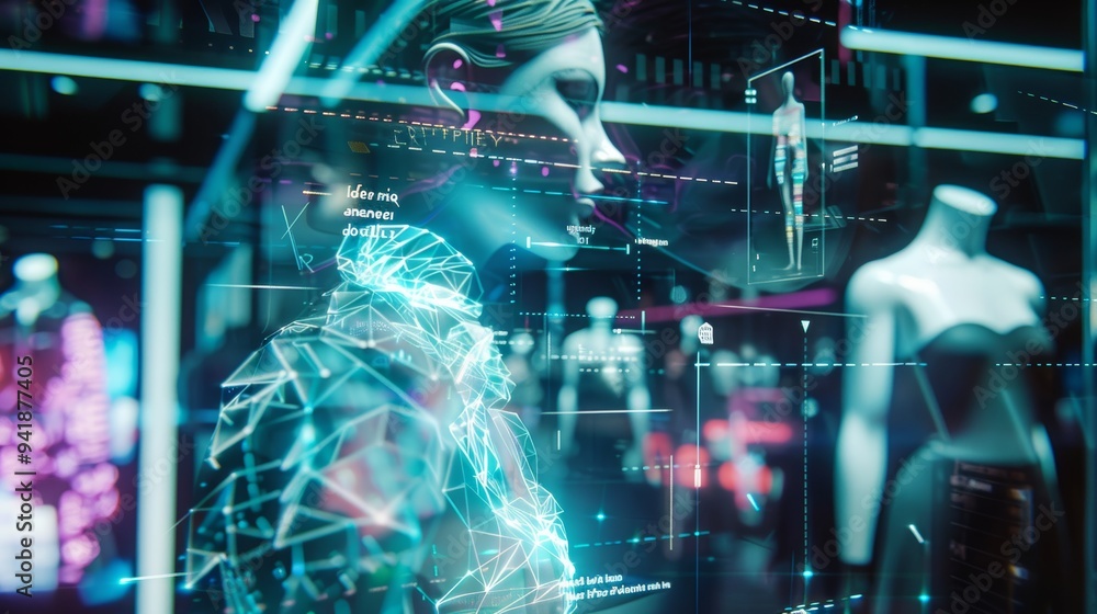 Poster this image showcases a digital woman interacting with futuristic interfaces, representing the integr