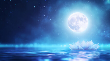 A modern abstract background for Sharad Purnima featuring a full moon reflecting on a calm, silver lake. The scene is framed by stylized lotus petals and subtle wave patterns, all