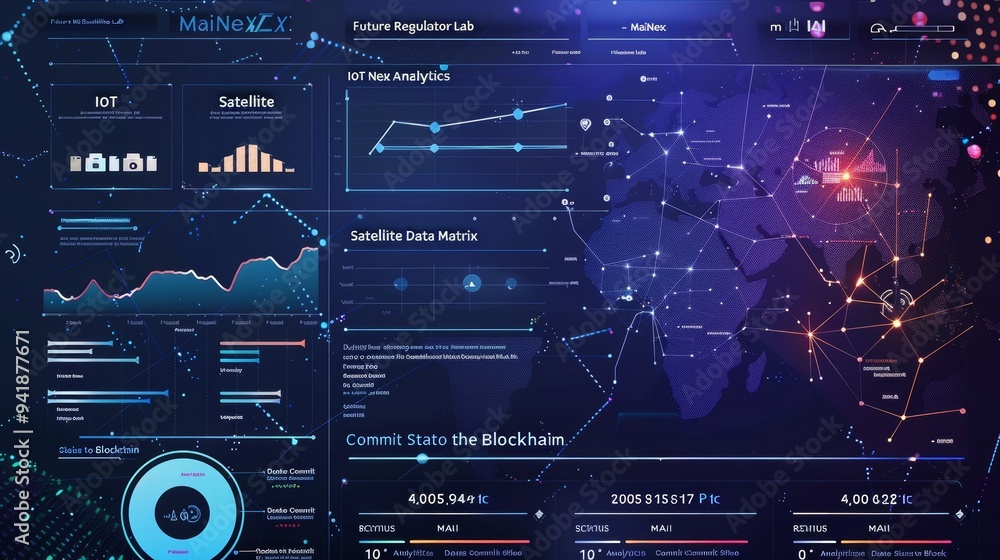 Poster comprehensive dashboard for data visualization, displaying a world map, graphs, and blockchain analy