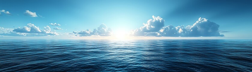 Obraz premium A serene ocean view at sunrise, showcasing vibrant blue waters and softly illuminated clouds. Perfect for relaxation and inspiration.