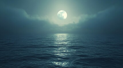 A serene moonlit ocean scene, with soft waves reflecting the luminous moon amidst a calm, misty atmosphere.